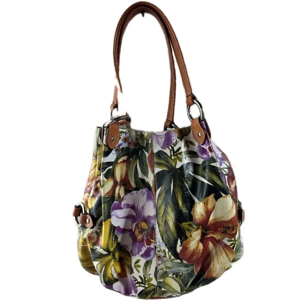 Maurizio Taiuti Tropcial Floral Italian Soft Genuine Leather Hobo Bag